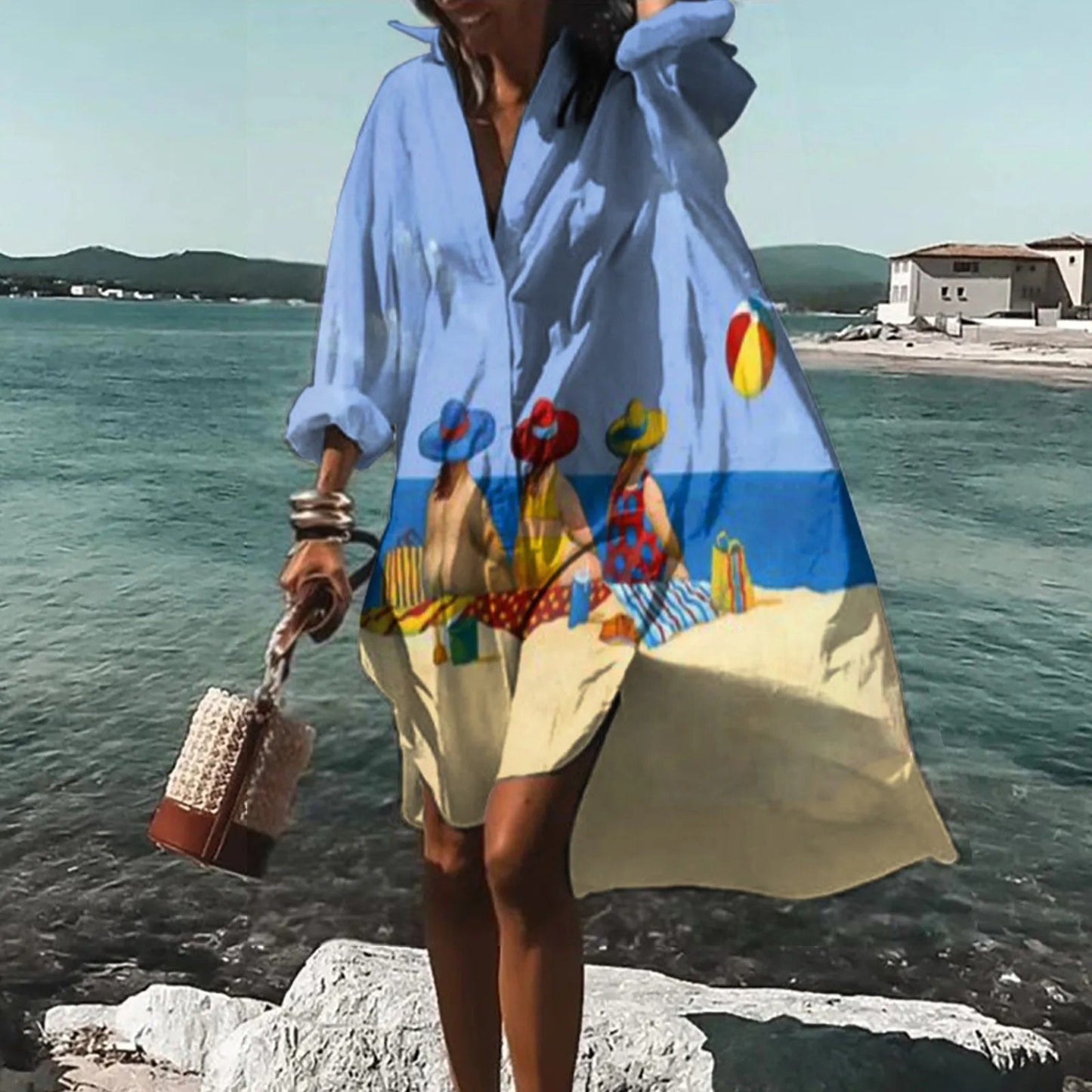 Women's Printed Shirt Dress Long Sleeve Collar