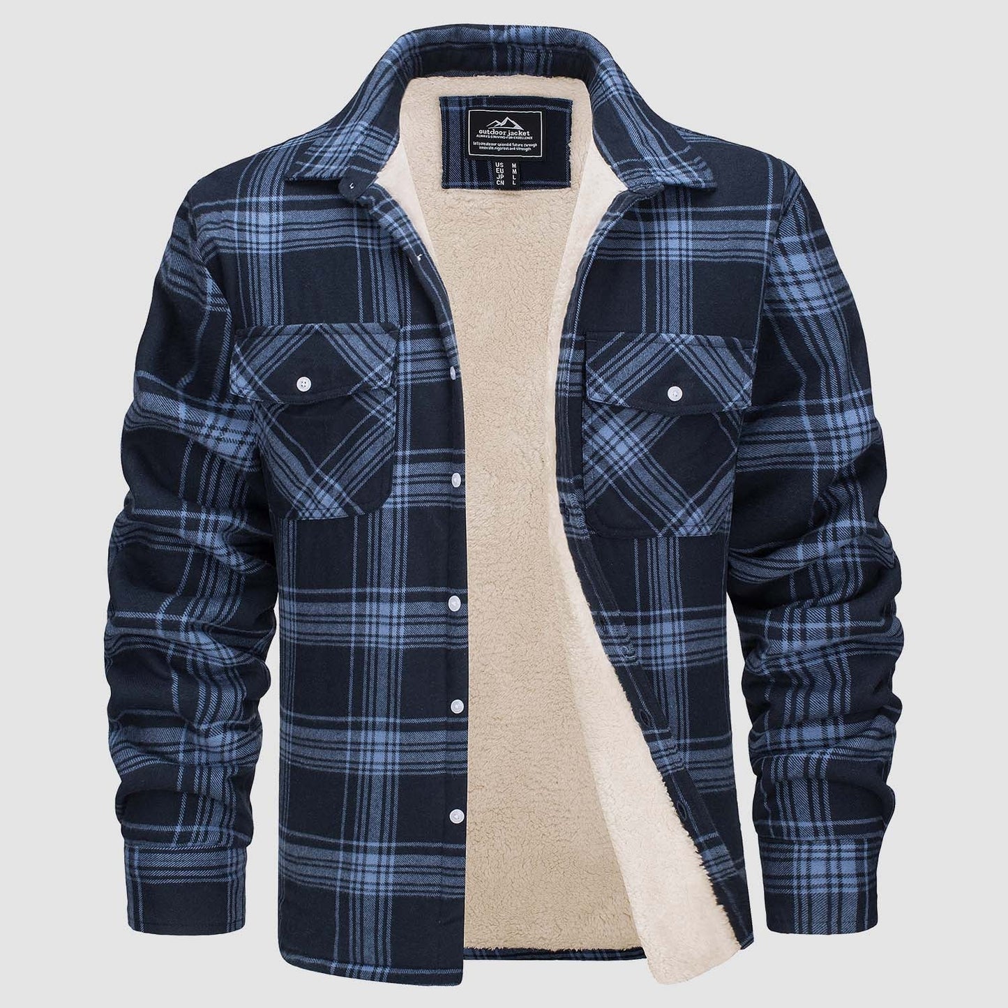 Men's Flannel Shirt Jacket Fleece Lined Cotton Warm Beige