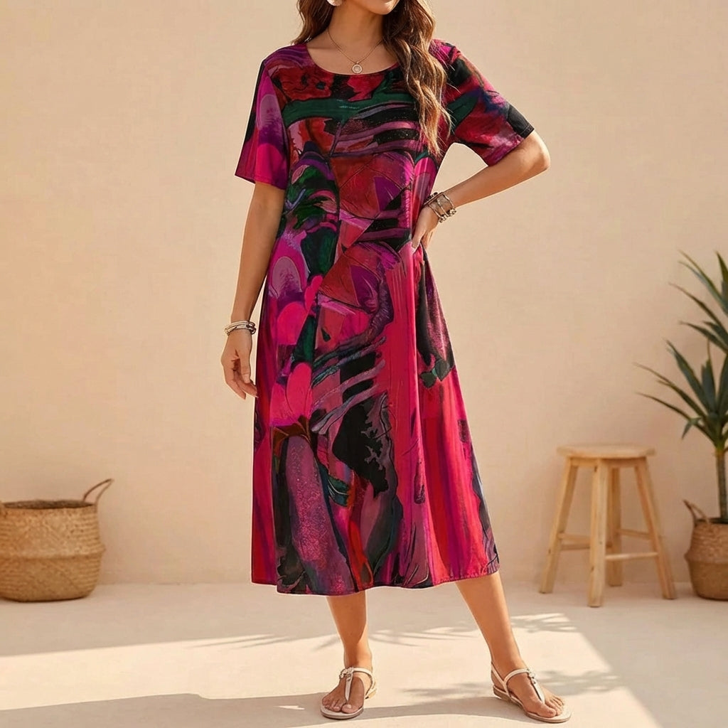 Women's A-Line Midi Dress Short Sleeve - VibreMode