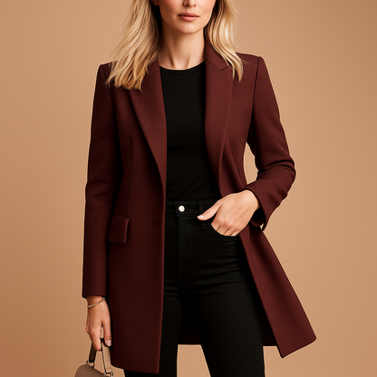 Woman wearing a tailored double-breasted trench coat with classic detailing, ideal for work, formal occasions, and stylish everyday outfits.