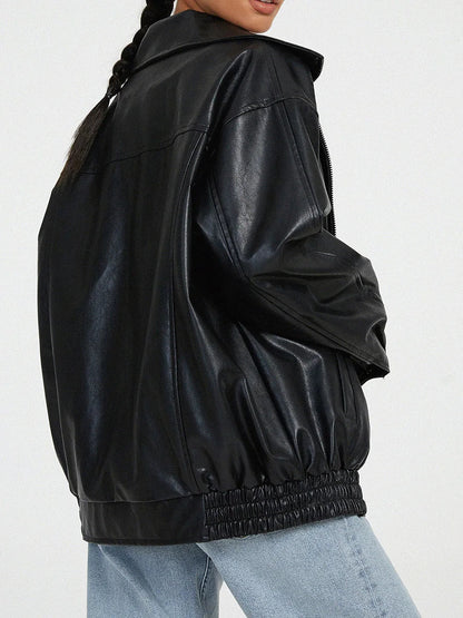Women's Leather Bomber Jacket Oversized Zipper Black