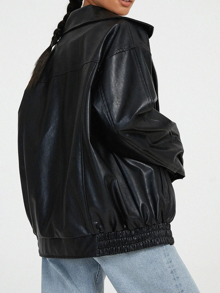Women's Leather Bomber Jacket Zipper Front Black