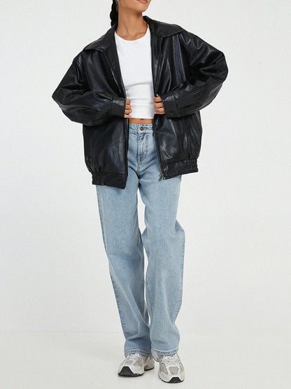Women's Leather Bomber Jacket Oversized Zipper Black - VibreMode
