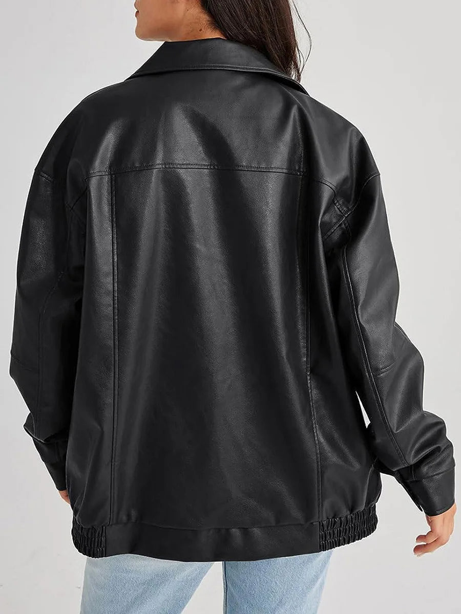 Women's Leather Bomber Jacket Oversized Zipper Black