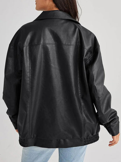 Women's Leather Bomber Jacket Oversized Zipper Black