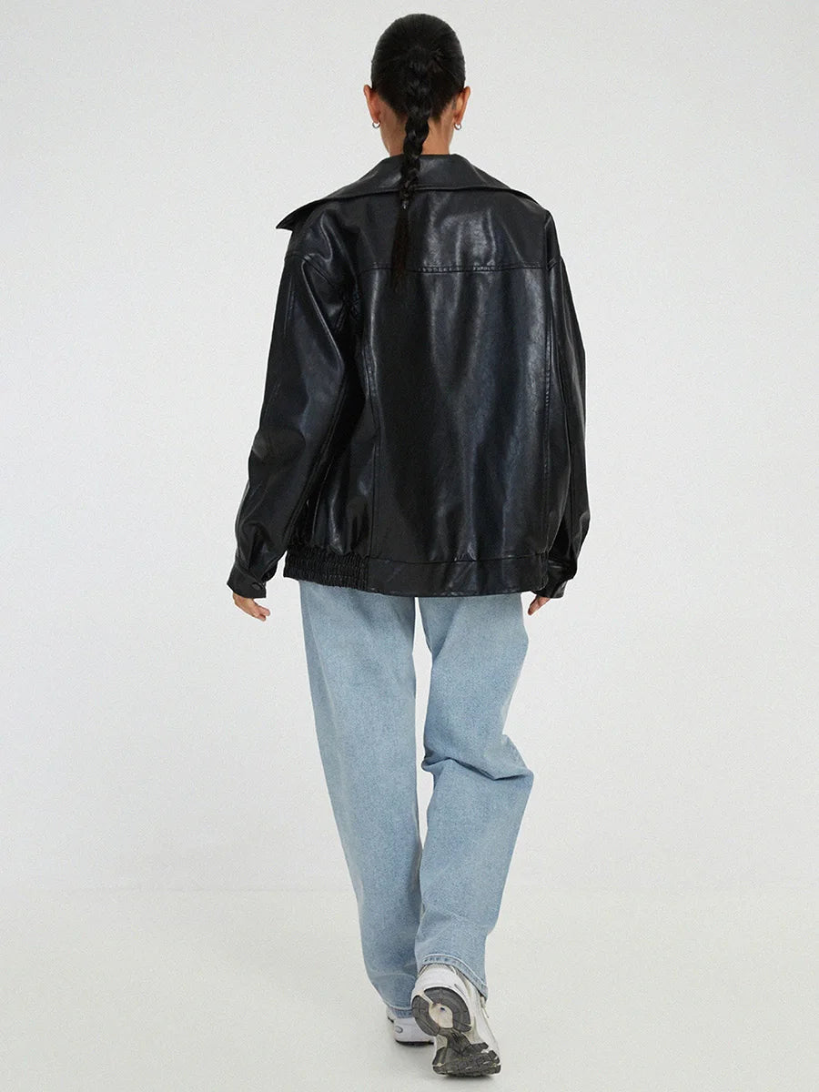 Women's Leather Bomber Jacket Zipper Front Black