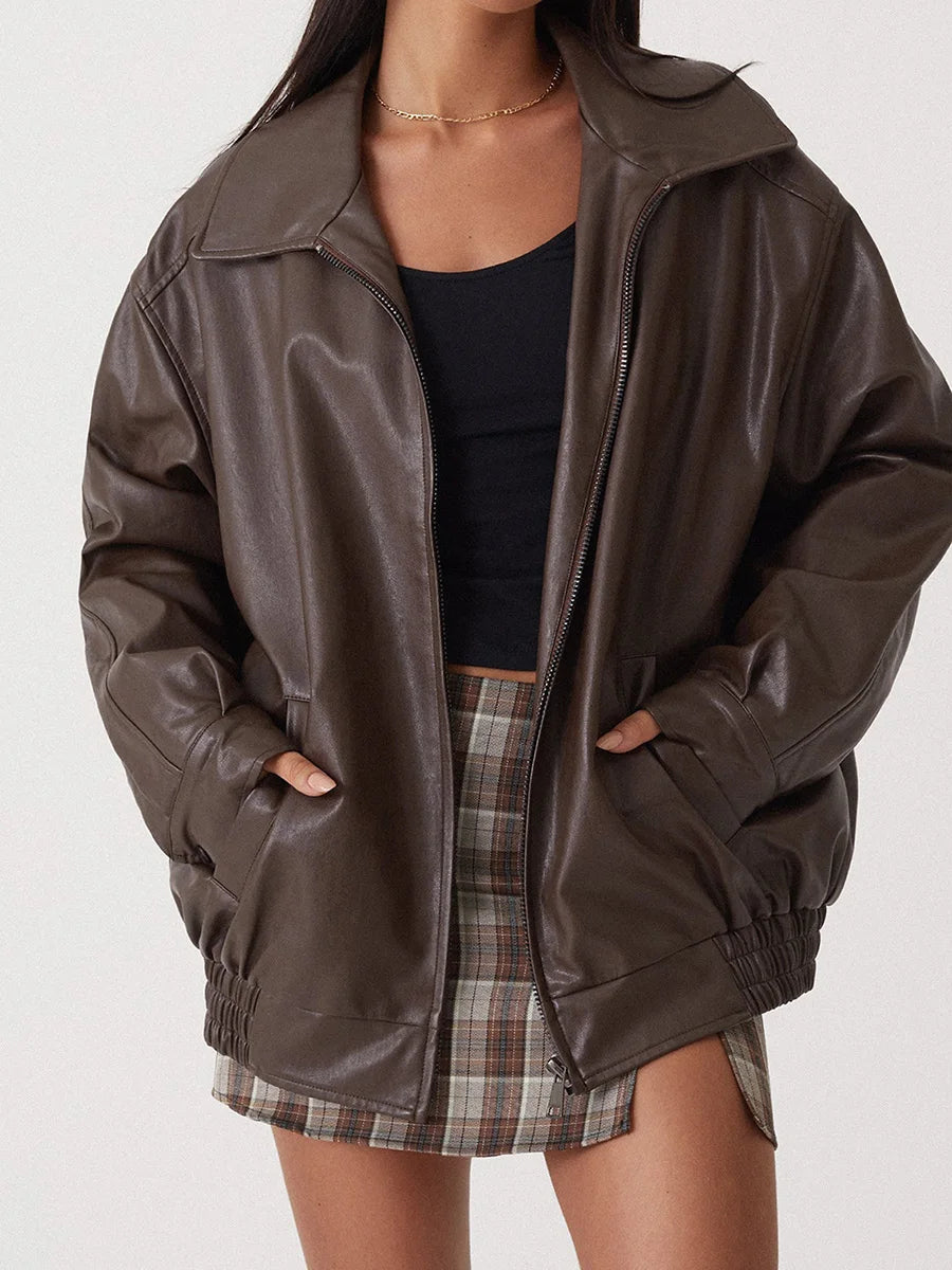 Women's Leather Bomber Jacket Oversized Zipper Black