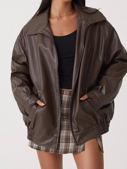 Women's Leather Bomber Jacket Zipper Front Black