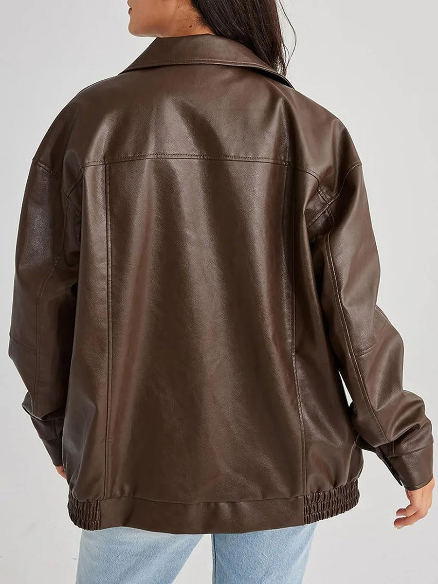 Women's Leather Bomber Jacket Oversized Zipper Black