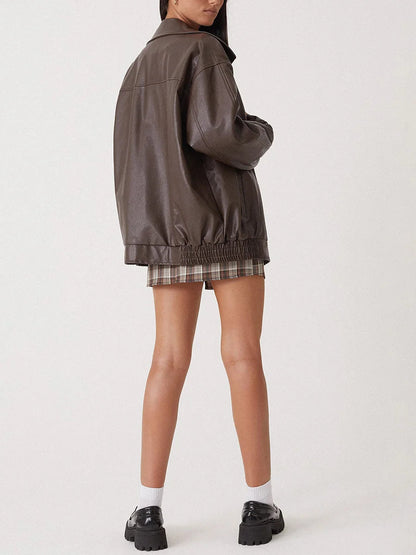 Women's Leather Bomber Jacket Oversized Zipper Black