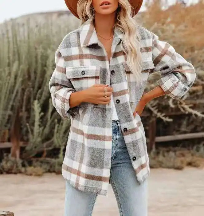 Women's Plaid Flannel Jacket Oversized Cozy - VibreMode