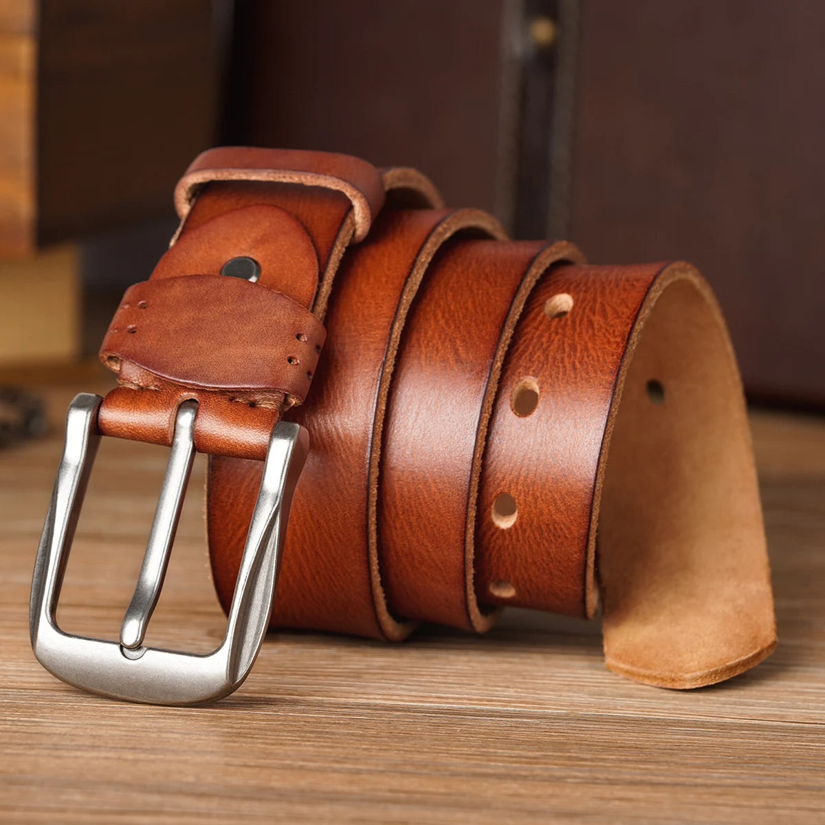 Men's Leather Belt Vintage Cowhide Classic Buckle Brown