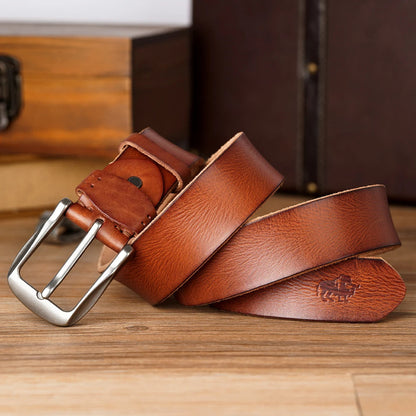 Men's Leather Belt Vintage Cowhide Classic Buckle Brown
