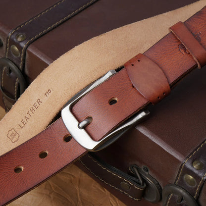 Men's Leather Belt Vintage Cowhide Classic Buckle Brown