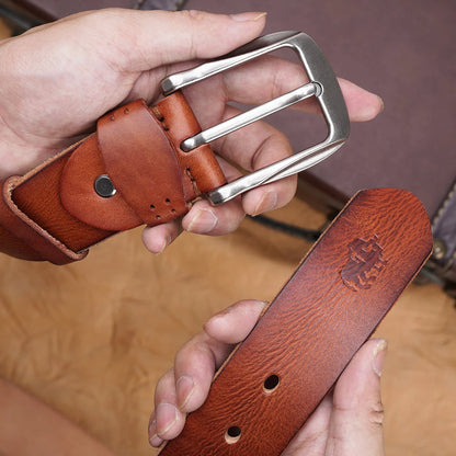 Men's Leather Belt Vintage Cowhide Classic Buckle Brown