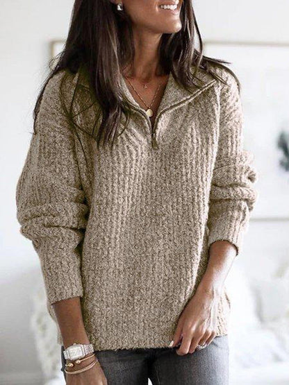 Women's Relaxed Fit Half Zip Sweater Textured Knit Beige