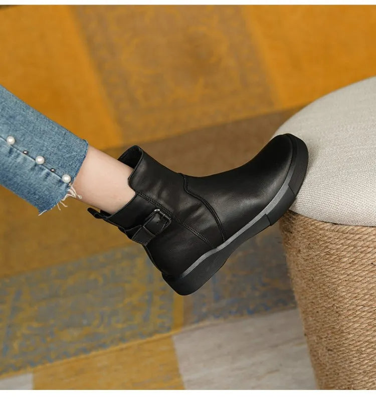 Women's Mid-Ankle Boots Side Buckle Flat Sole Comfortable