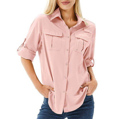 Women's Long Sleeve Hiking Shirt UPF 50 Roll-Up Safari Style - VibreMode