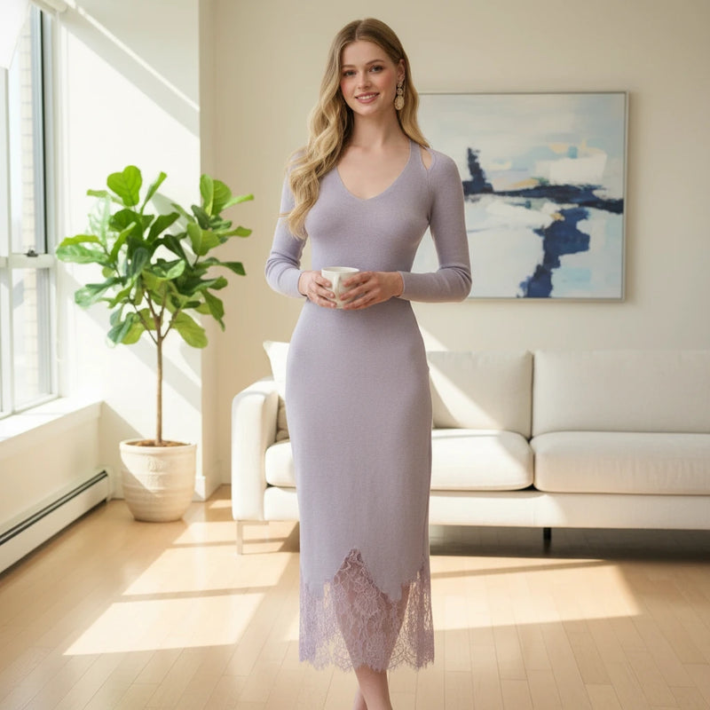 Cozy Sleeve Midi Dress with Crochet Trim