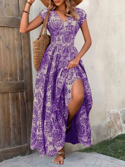Women's Boho Maxi Dress Smocked Print Tiered