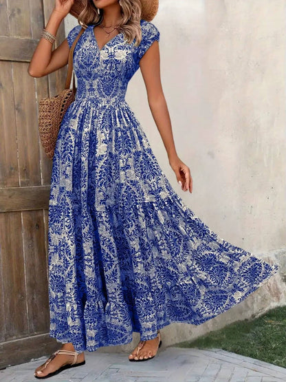 Women's Boho Maxi Dress Smocked Print Tiered