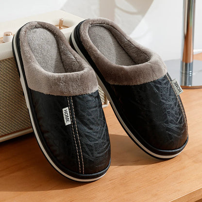 Men's Leather Mule House Shoes Fur Lined Warm Brown
