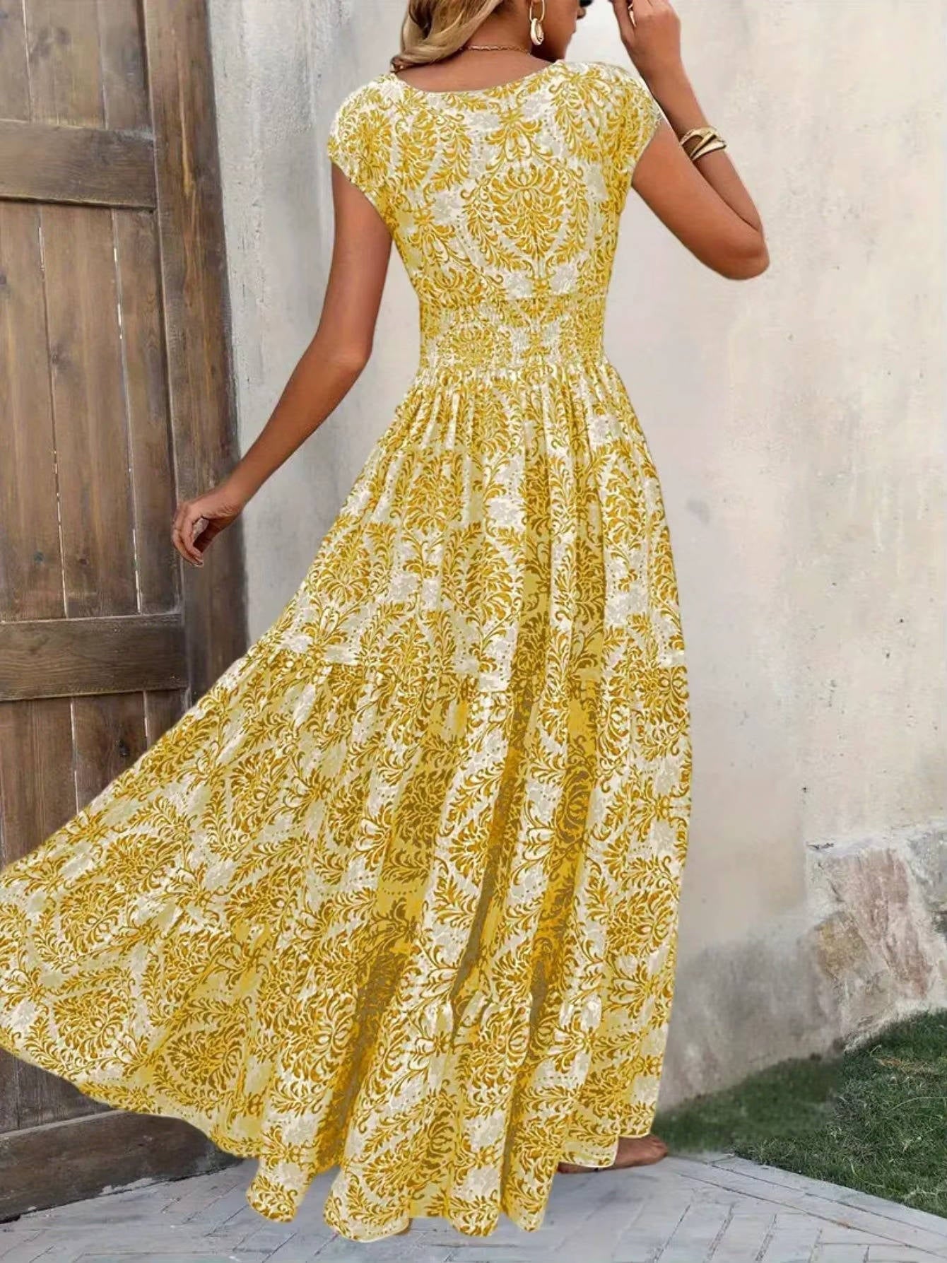 Women's Boho Maxi Dress Smocked Print Tiered