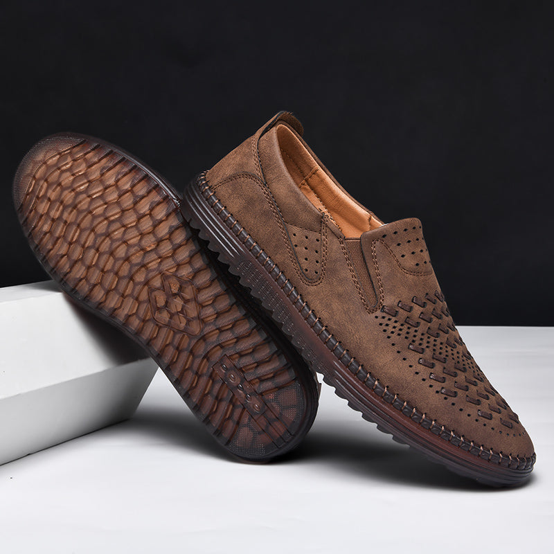 Men's Perforated Loafers Textured Leather Upper