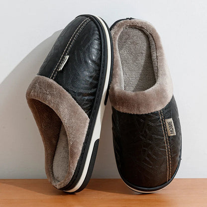 Men's Leather Mule House Shoes Fur Lined Warm Brown