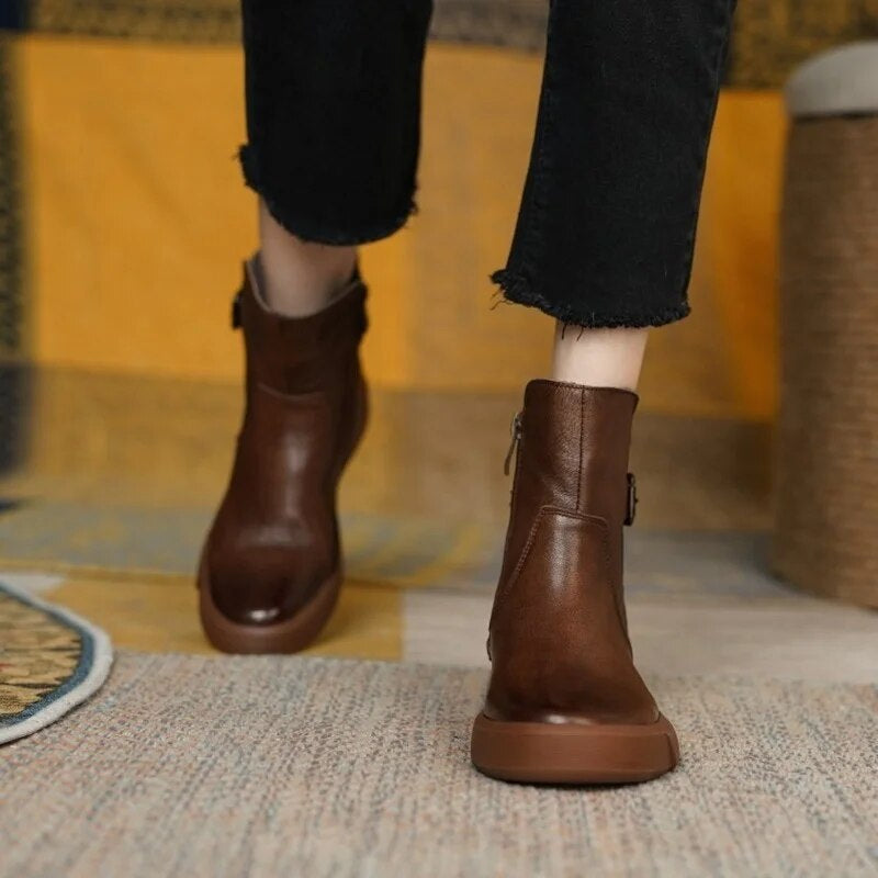Women's Mid-Ankle Boots Side Buckle Flat Sole Comfortable