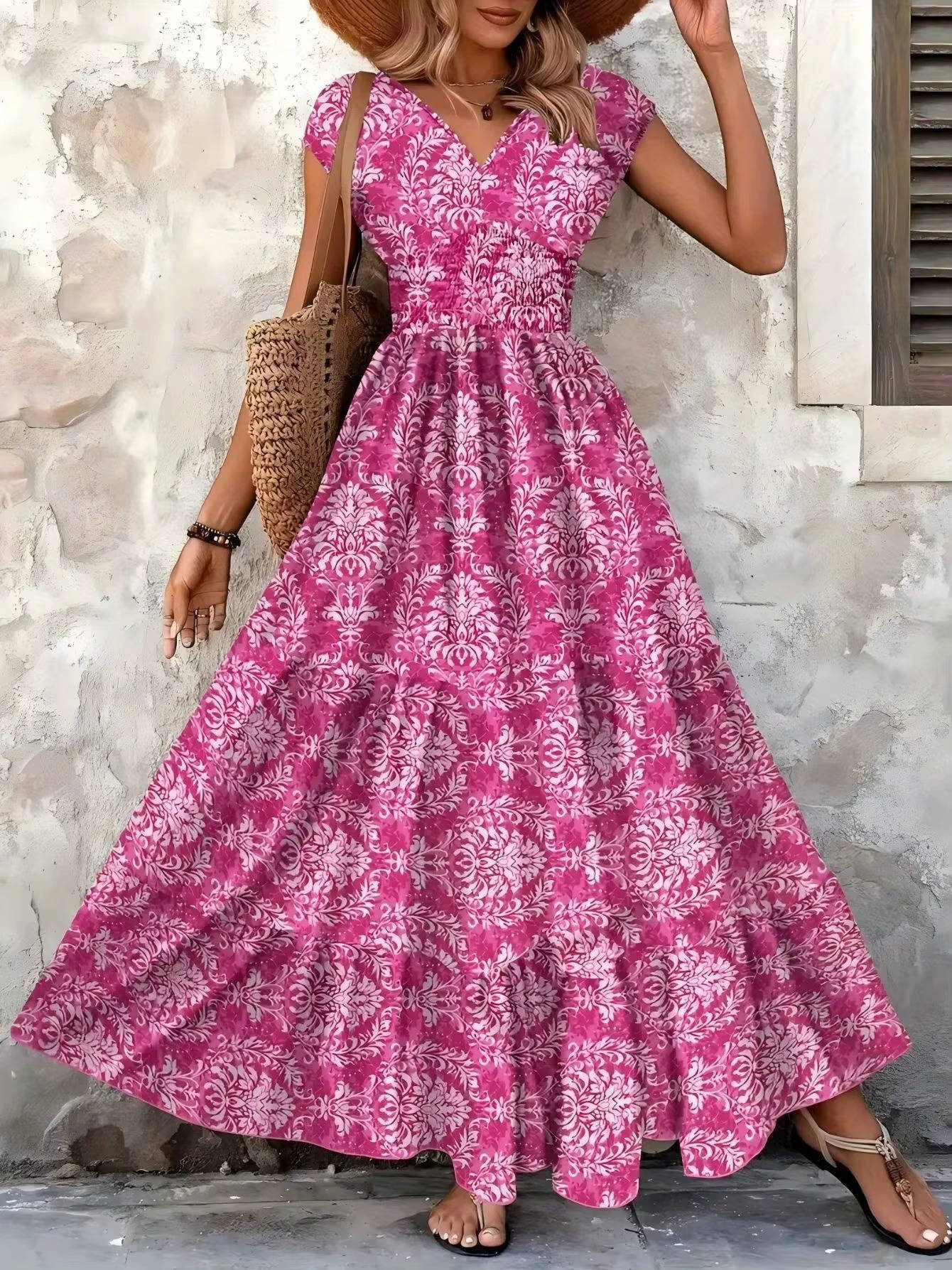 Women's Boho Maxi Dress Smocked Print Tiered