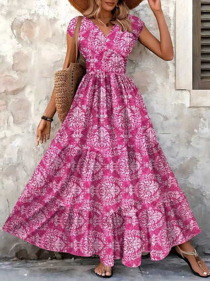 Women's Boho Maxi Dress Smocked Print Tiered