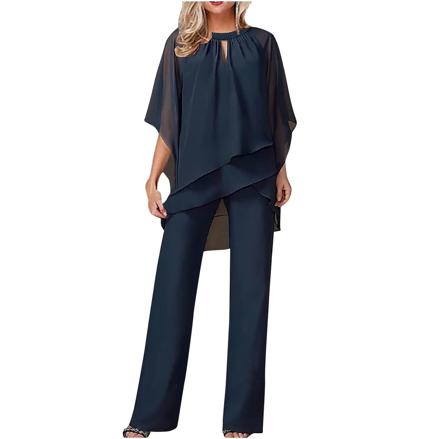 Vivienne Women's Chiffon Pantsuit Batwing Sleeves Wide Leg - VibreMode