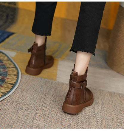 Women's Mid-Ankle Boots Side Buckle Flat Sole Comfortable