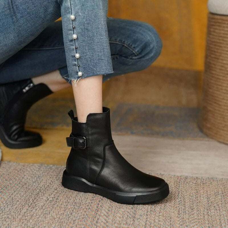 Women's Mid-Ankle Boots Side Buckle Flat Sole Comfortable