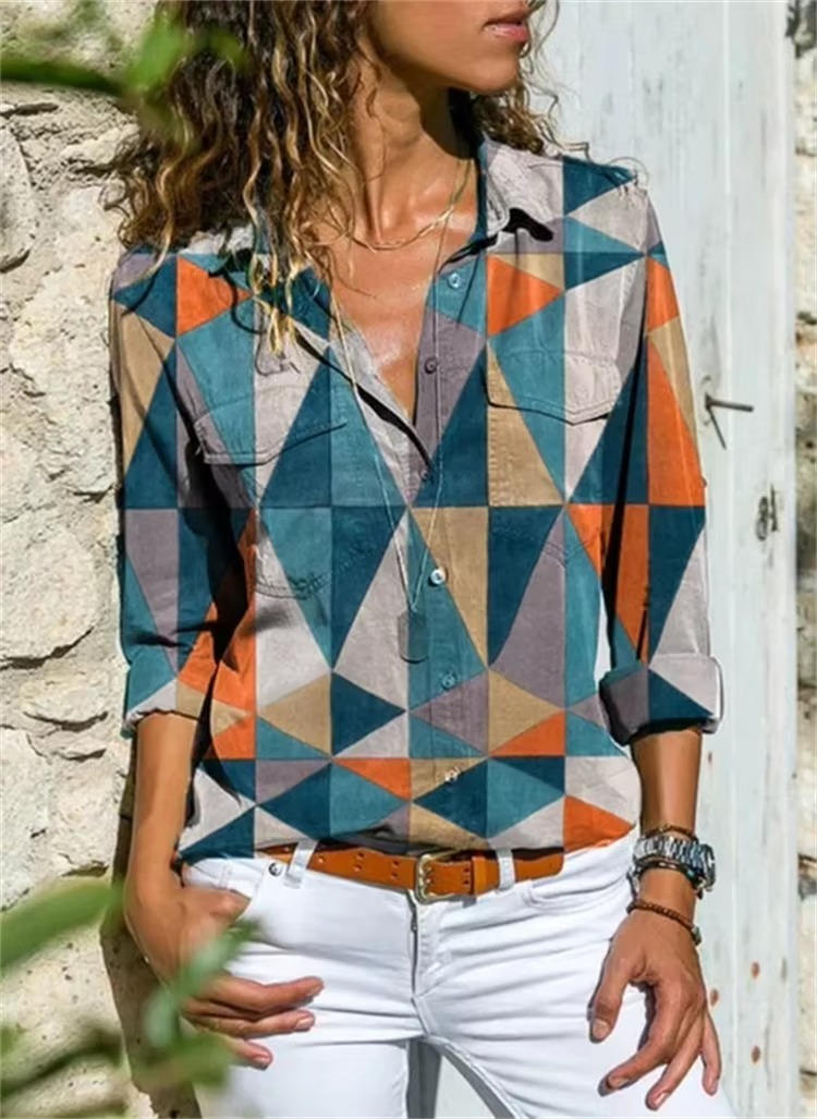 Women's Geometric Print Long Sleeve Shirt - VibreMode