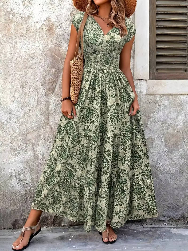 Women's Boho Maxi Dress Smocked Print Tiered