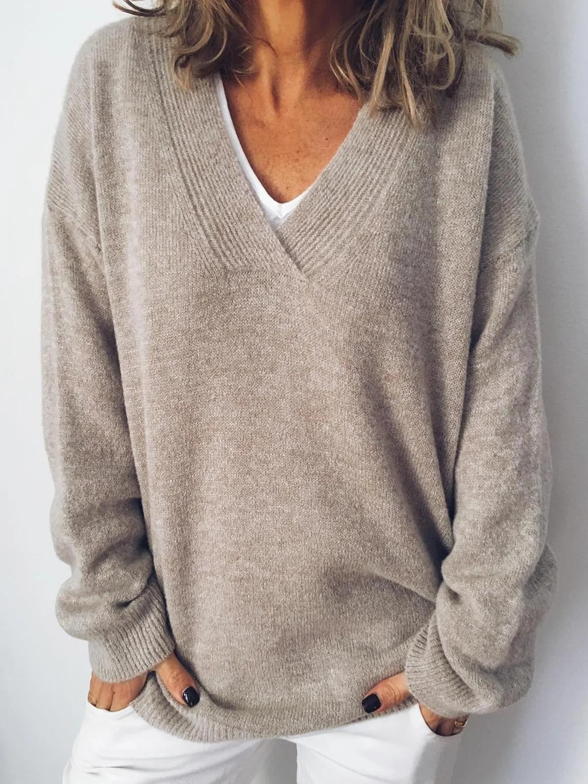 Women's V-Neck Long-Sleeve Sweater Solid Apricot - VibreMode