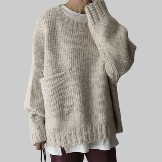 Ivory Oversized Sweater Relaxed Fit Pocket Front - VibreMode