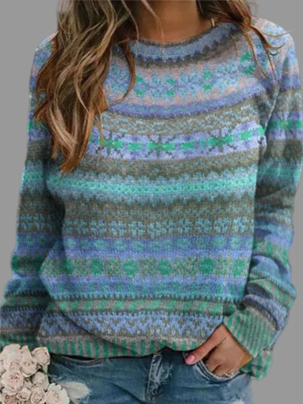 Women's Round Neck Sweater Soft Vintage Blue - VibreMode