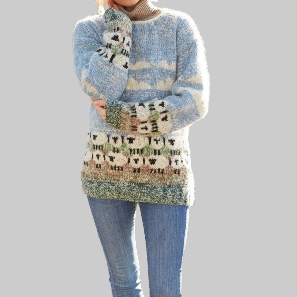 Women's Knit Pullover Sweater Sheep Wool Winter White - VibreMode