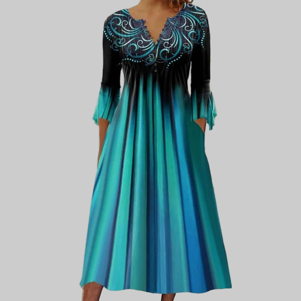 Women's V-Neck 3/4 Sleeve Dress Green Ombre - VibreMode