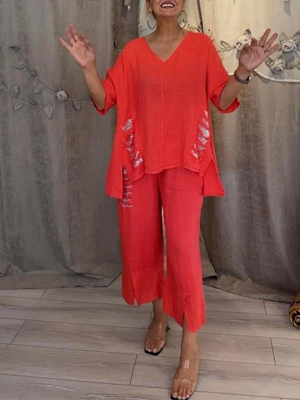 Relaxed Fit Women's 2 Piece V Neck Top and Pants