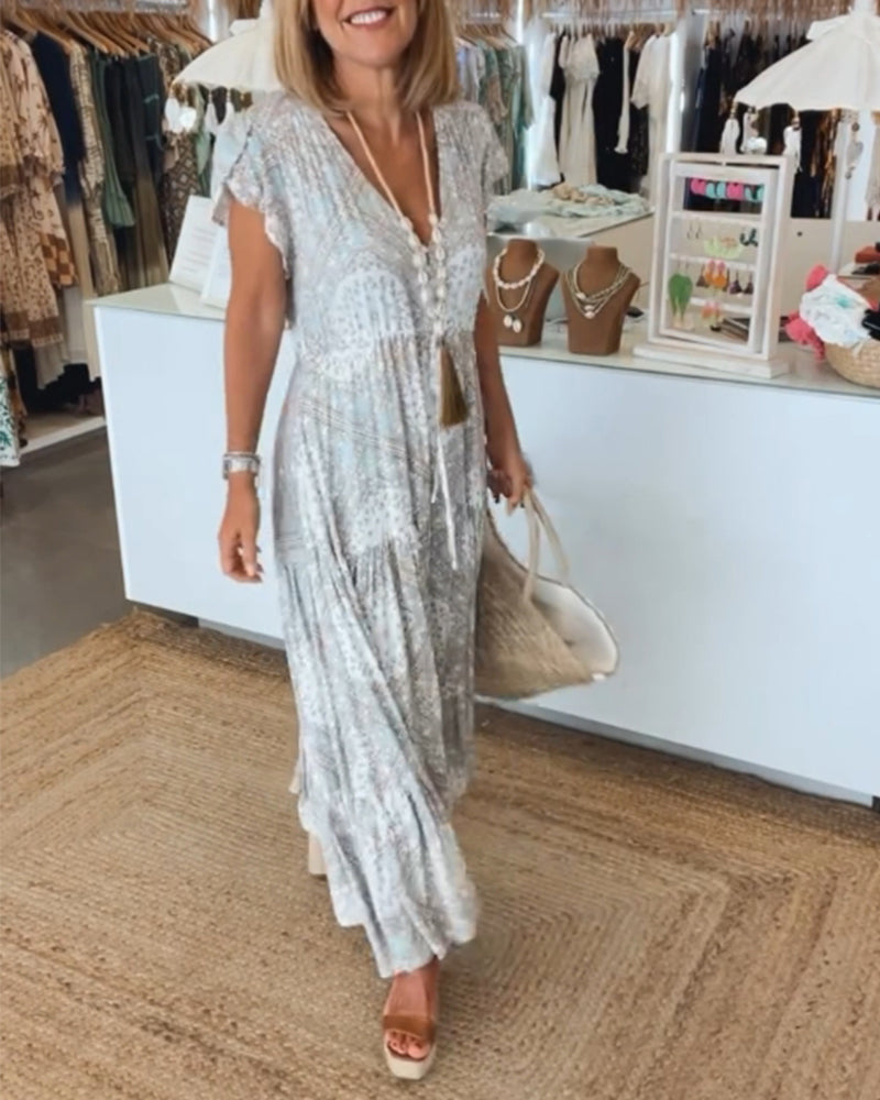 Hawaii Beach V-Neck Sundress with Short Sleeves