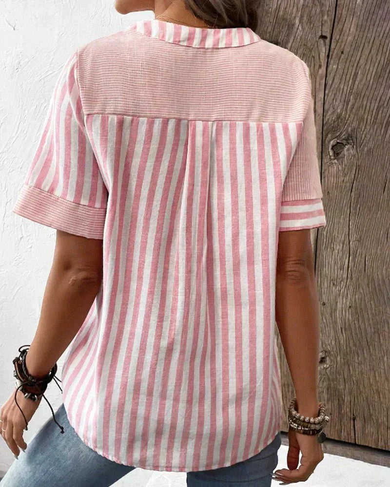Women's Striped Short Sleeve Henley Blouse