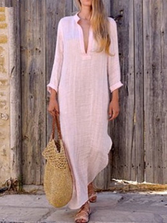 Simple Linen V Neck Summer Dress for Women - VibreMode