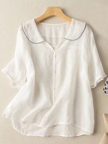 Women's Navy Cotton Linen Shirt Short Sleeve Doll Collar