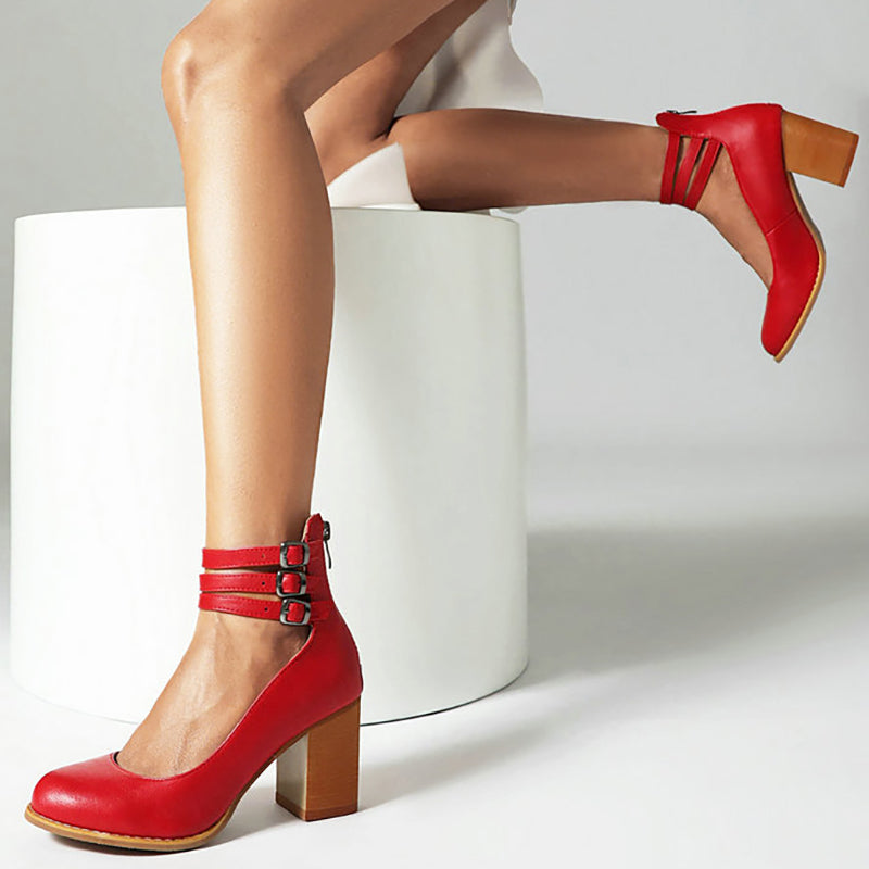 Women's Ankle Strap Sandals Smooth Leather Thick Heel