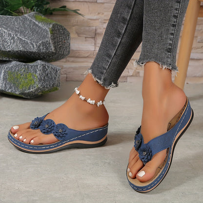 Comfortable Faux Leather Wedge Sandals with Flower Details