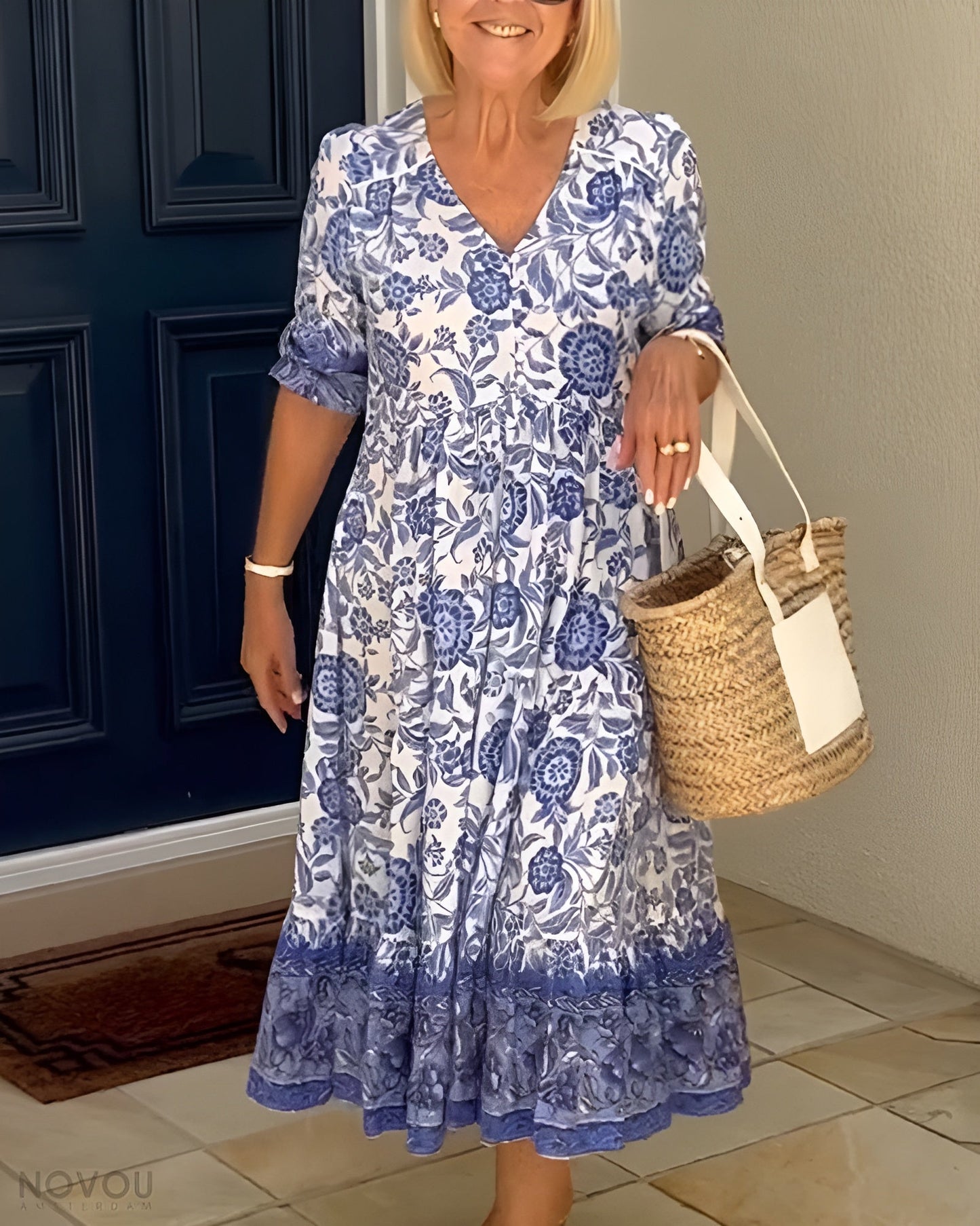 Women's Floral Midi Dress V-Neck Half Sleeves - VibreMode